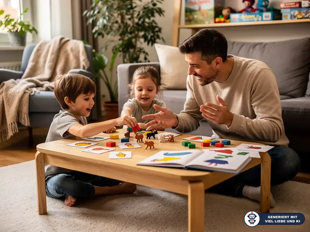 Vater spielt mit zwei Kindern am Wohnzimmertisch mit Tierkarten, Figuren und bunten Bausteinen. (mit KI erstellt)