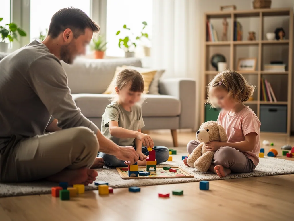 Vater spielt mit zwei Kindern auf dem Teppich mit Bausteinen und Brettspiel im Wohnzimmer.