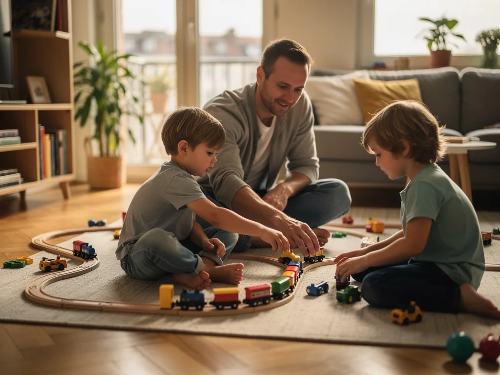 Vater spielt mit zwei Kindern auf dem Wohnzimmerboden mit Holzeisenbahn und kleinen Spielzeugautos.