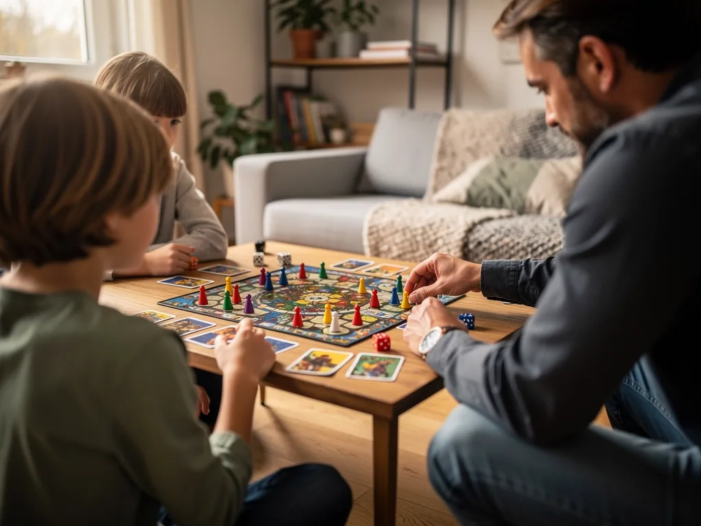 Vater spielt mit zwei Kindern ein buntes Brettspiel am Wohnzimmertisch.