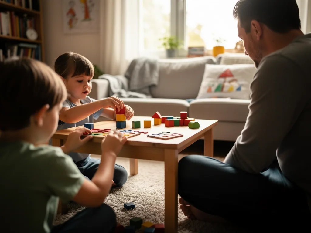 Vater spielt mit zwei Kindern im Wohnzimmer am Tisch mit Bauklötzen und Puzzle-Teilen.