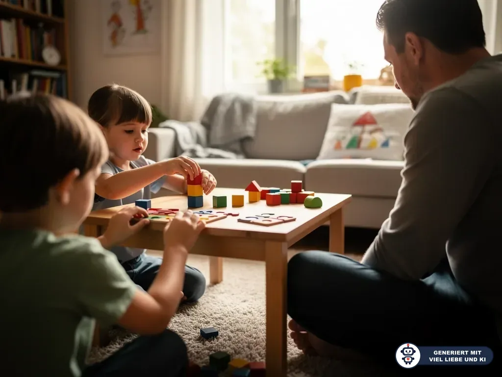 Vater spielt mit zwei Kindern im Wohnzimmer am Tisch mit Bauklötzen und Puzzle-Teilen. (mit KI erstellt)