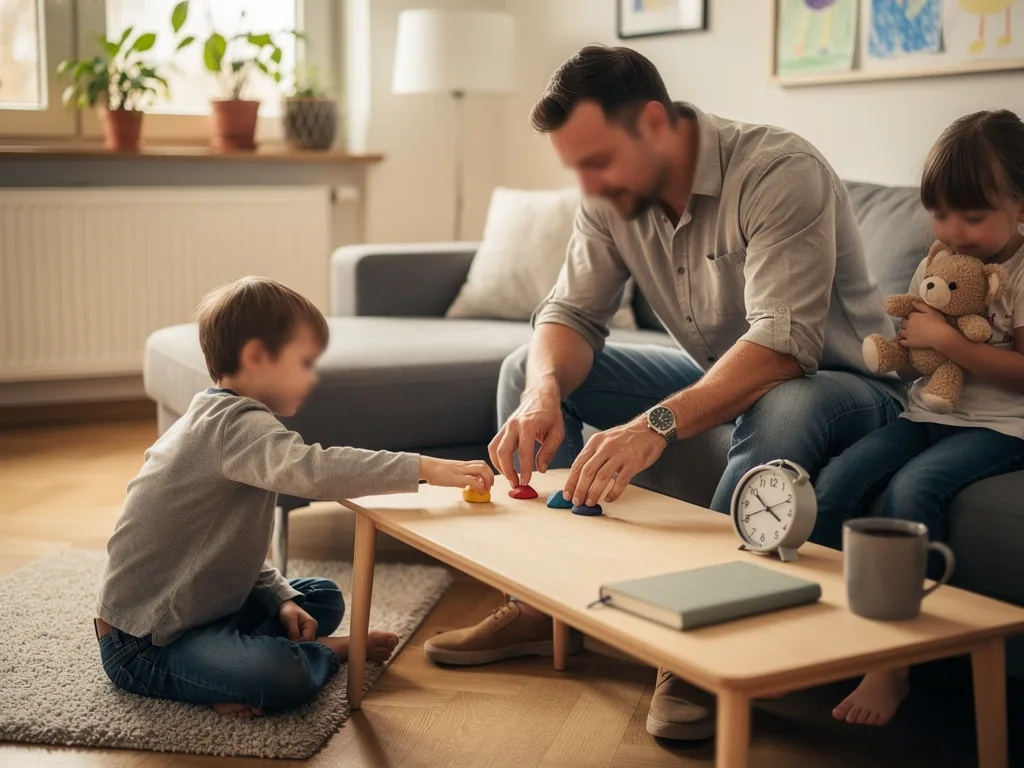 Vater spielt mit zwei Kindern im Wohnzimmer; auf dem Couchtisch liegen kleine Spielfiguren und ein Wecker.
