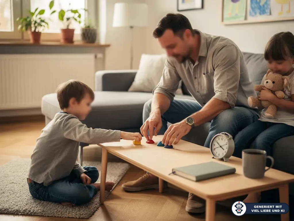 Vater spielt mit zwei Kindern im Wohnzimmer; auf dem Couchtisch liegen kleine Spielfiguren und ein Wecker. (mit KI erstellt)