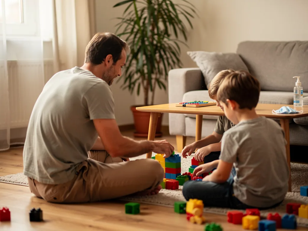Vater spielt mit zwei Kindern im Wohnzimmer mit Bauklötzen; auf dem Tisch stehen Desinfektionsmittel und Maske.