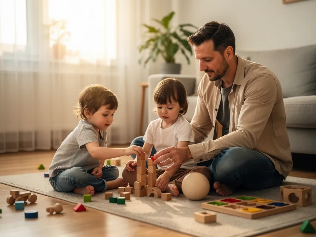 Vater spielt mit zwei Kleinkindern auf dem Teppich mit Holzbausteinen und Steckspielzeug im Wohnzimmer.