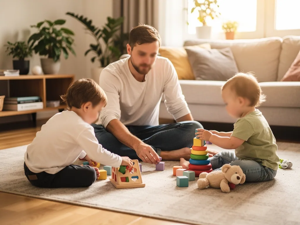 Vater spielt mit zwei Kleinkindern auf dem Wohnzimmerteppich mit Steckspiel, Stapelringen und Bauklötzen.
