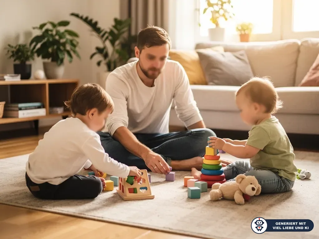 Vater spielt mit zwei Kleinkindern auf dem Wohnzimmerteppich mit Steckspiel, Stapelringen und Bauklötzen. (mit KI erstellt)