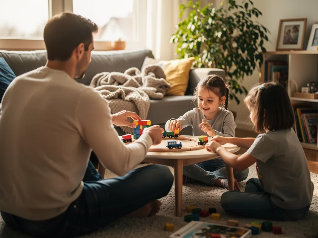 Vater spielt mit zwei Kleinkindern im Wohnzimmer an einem Tisch mit Holzbahn und Bauklötzen.
