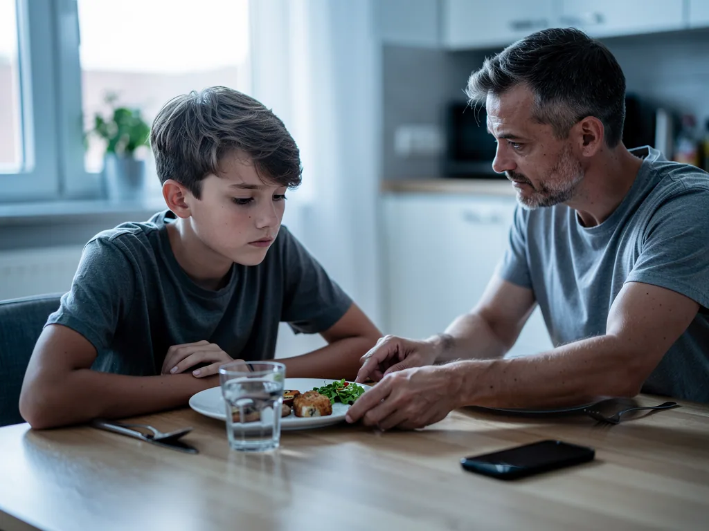 Vater spricht am Esstisch mit nachdenklichem Teenager, vor ihnen Teller, Wasserglas und Smartphone.