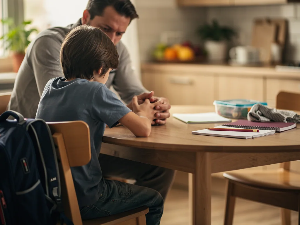 Vater spricht am Küchentisch ernst mit seinem Kind; Schulrucksack, Hefte und Stift liegen daneben.