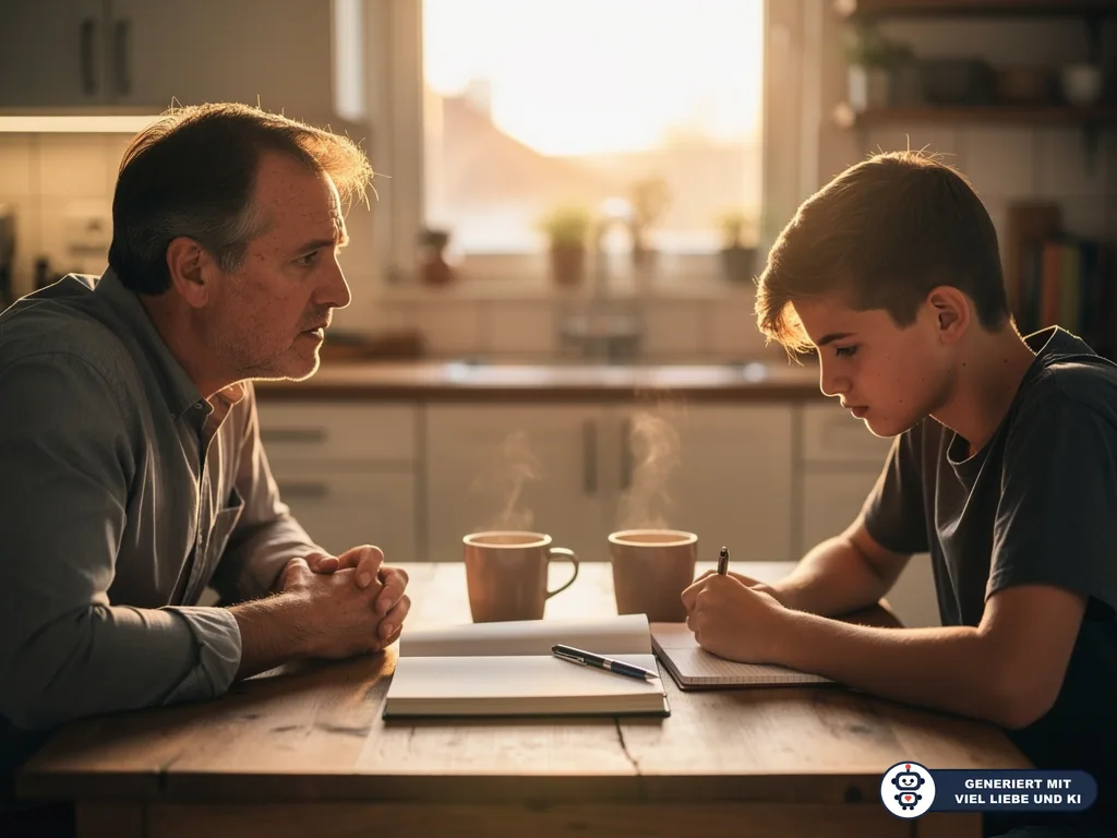 Vater spricht am Küchentisch mit seinem schreibenden Teenager, zwischen ihnen liegen Hefte und Tassen. (mit KI erstellt)