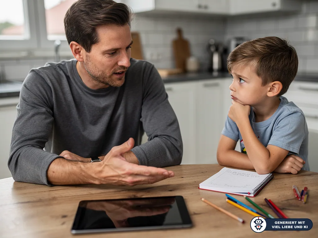 Vater spricht am Küchentisch mit seinem Sohn über ein Tablet, Notizbuch und Stifte liegen daneben. (mit KI erstellt)