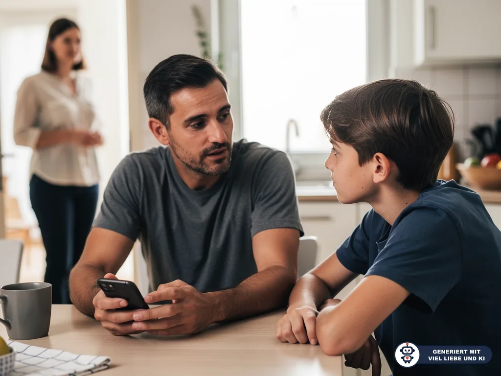 Vater spricht am Küchentisch mit seinem Sohn, während eine Frau im Hintergrund steht. (mit KI erstellt)