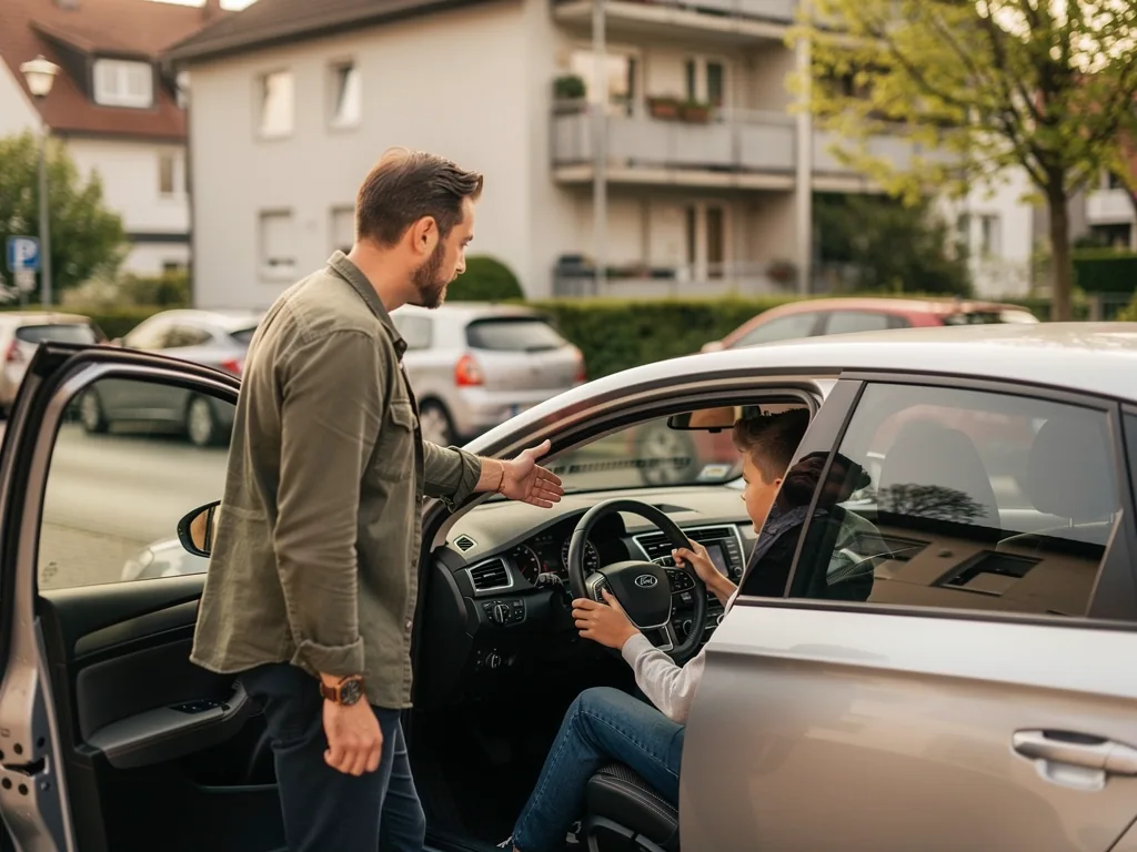 Vater spricht am offenen Autotür mit Jugendlichem am Steuer in einer Wohnstraße.