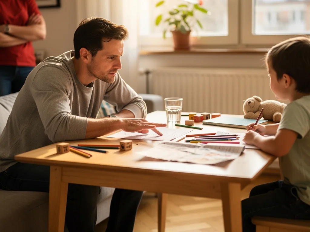 Vater spricht am Tisch mit seinem malenden Kind, während eine weitere Person im Hintergrund steht.