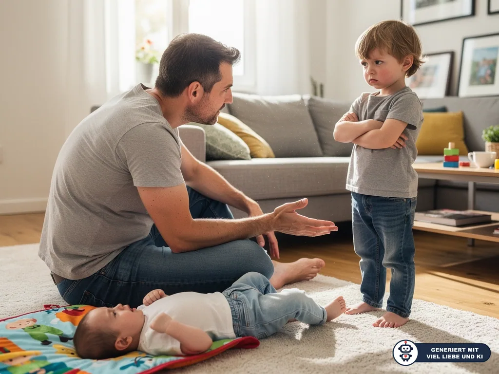 Vater spricht auf Augenhöhe mit trotzigem Kleinkind, während ein Baby auf einer Spielmatte liegt. (mit KI erstellt)