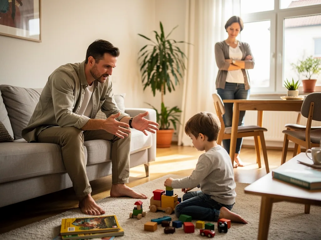 Vater spricht auf dem Sofa mit einem Kind beim Spielen, Mutter steht mit verschränkten Armen im Hintergrund.
