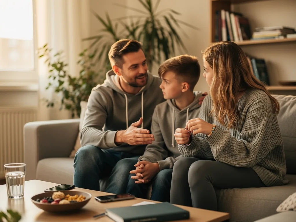 Vater spricht auf dem Sofa ruhig mit Sohn und Tochter über einen Konflikt in der Pubertät.