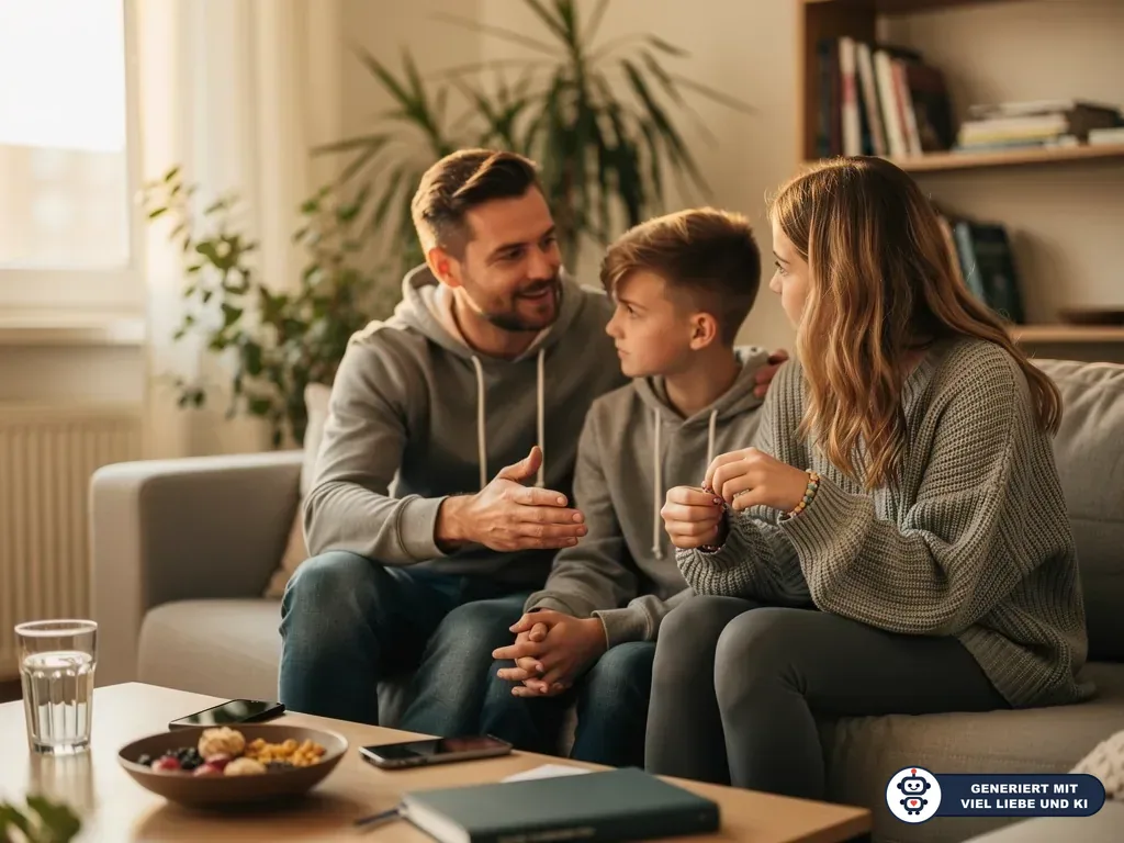 Vater spricht auf dem Sofa ruhig mit Sohn und Tochter über einen Konflikt in der Pubertät. (mit KI erstellt)