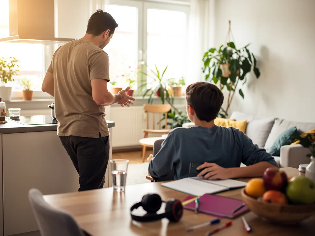 Vater spricht gestikulierend mit seinem Teenager am Esstisch in einer hellen Wohnküche.