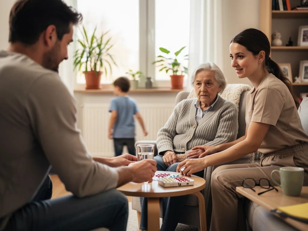 Vater spricht im Wohnzimmer mit Pflegekraft und Seniorin über Medikamente; ein Kind spielt im Hintergrund.