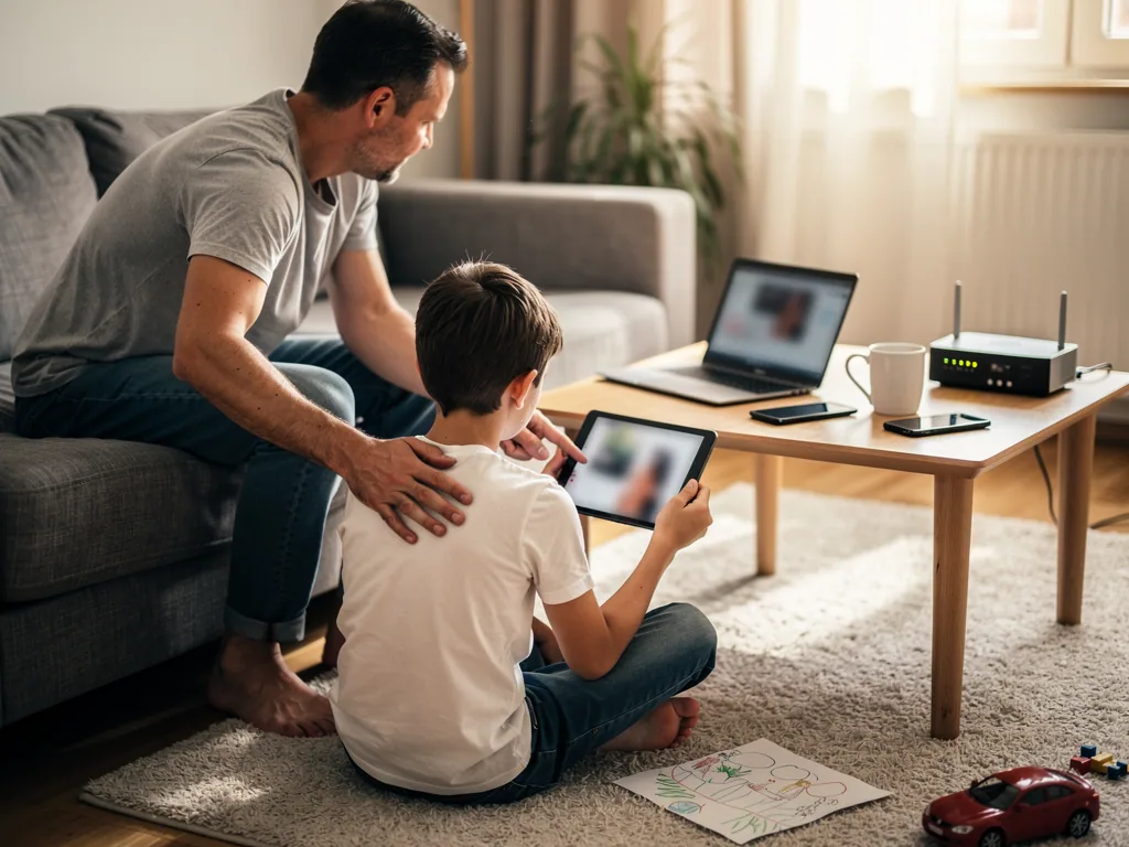 Vater spricht im Wohnzimmer mit seinem Sohn über ein Tablet, daneben liegen Laptop, Smartphones und Router.