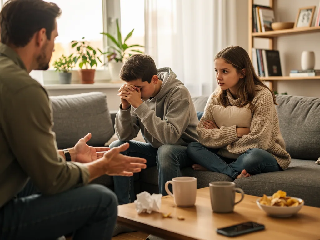Vater spricht im Wohnzimmer mit zwei Jugendlichen; ein Junge wirkt belastet, ein Mädchen sitzt mit verschränkten Armen.