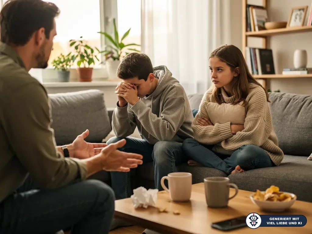 Vater spricht im Wohnzimmer mit zwei Jugendlichen; ein Junge wirkt belastet, ein Mädchen sitzt mit verschränkten Armen. (mit KI erstellt)