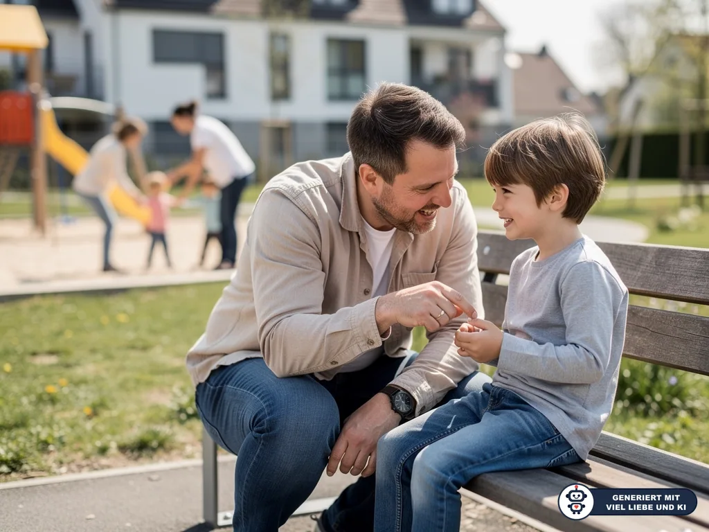 Vater spricht lächelnd mit seinem Sohn auf einer Parkbank, im Hintergrund spielen Familien auf einem Spielplatz. (mit KI erstellt)