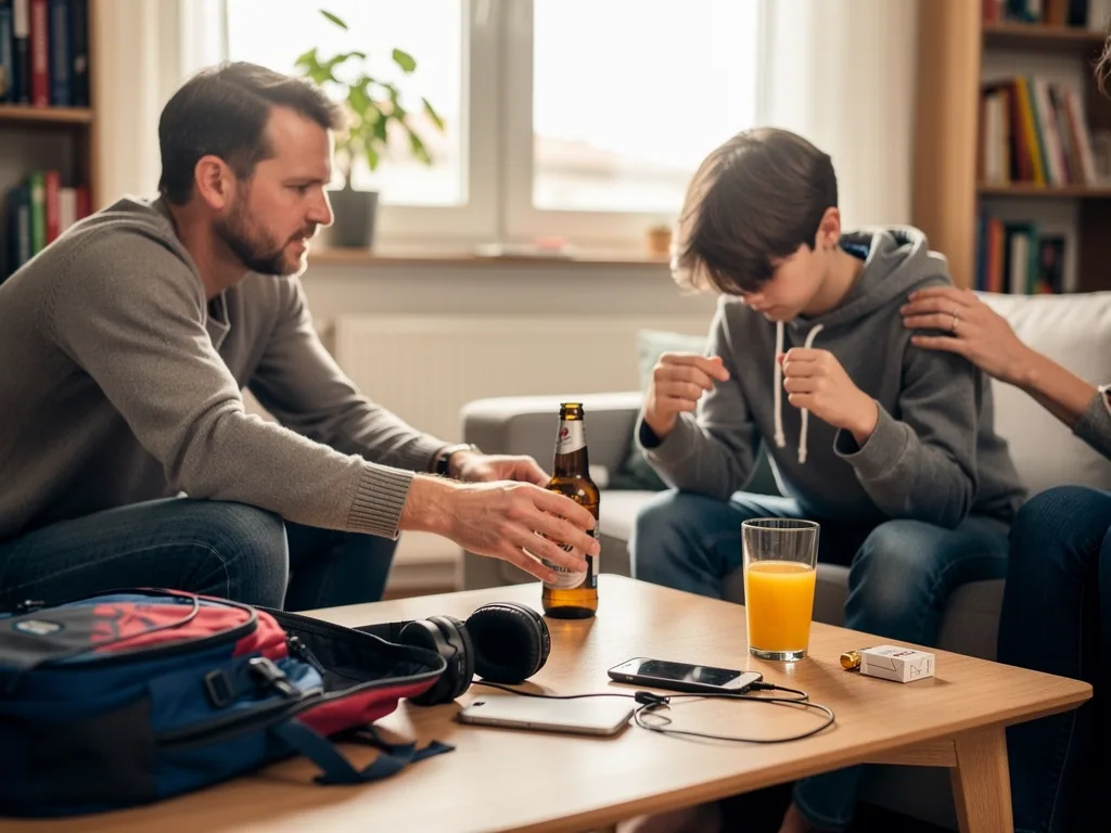 Vater spricht mit niedergeschlagenem Teenager; auf dem Tisch stehen Bierflasche, Zigaretten und Schulrucksack.