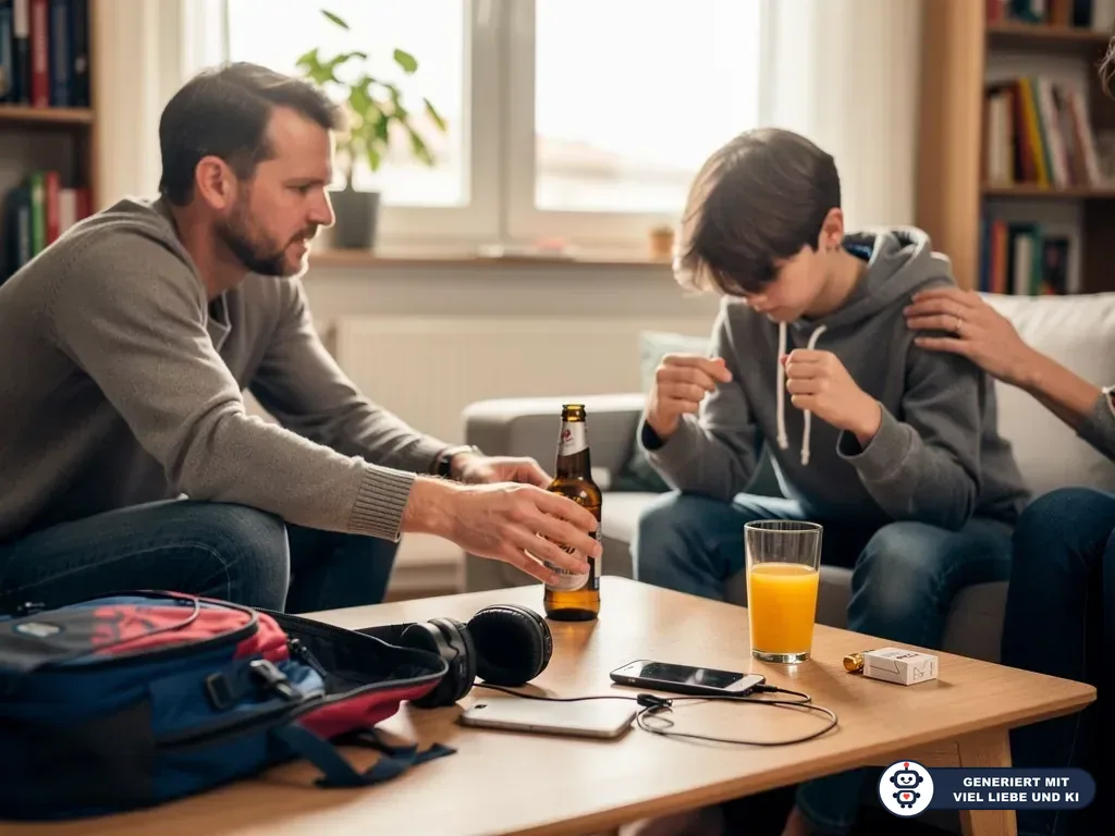 Vater spricht mit niedergeschlagenem Teenager; auf dem Tisch stehen Bierflasche, Zigaretten und Schulrucksack. (mit KI erstellt)