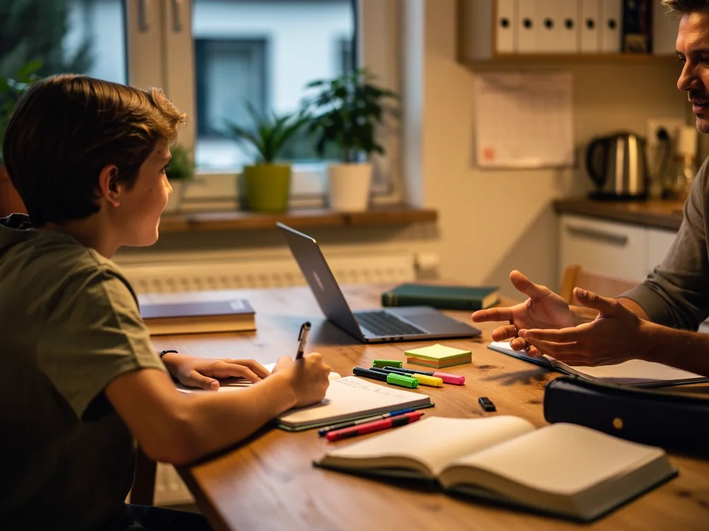 Vater spricht mit seinem Sohn am Küchentisch über Schulunterlagen, Laptop und Hefte liegen bereit.