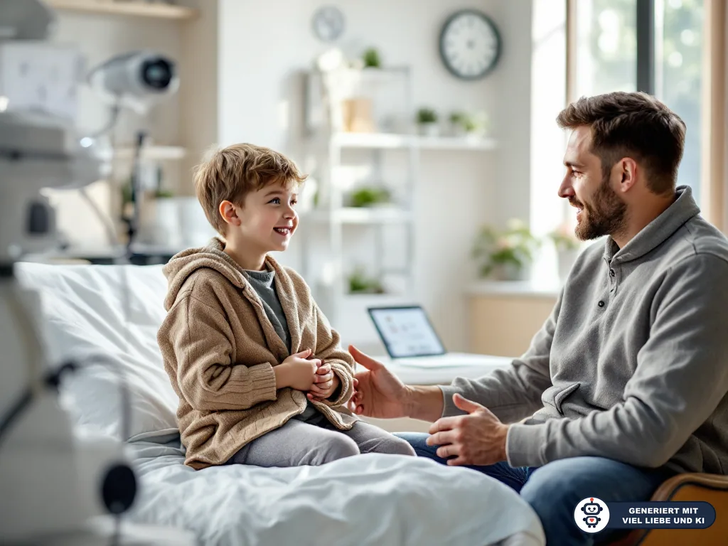 Vater spricht mit seinem Sohn im Untersuchungszimmer; das Kind sitzt lächelnd auf einer Arztliege. (mit KI erstellt)