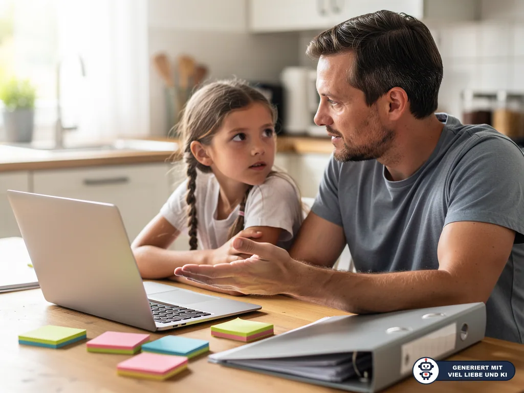 Vater spricht mit seiner Tochter am Küchentisch über Laptop, Notizen und Unterlagen. (mit KI erstellt)