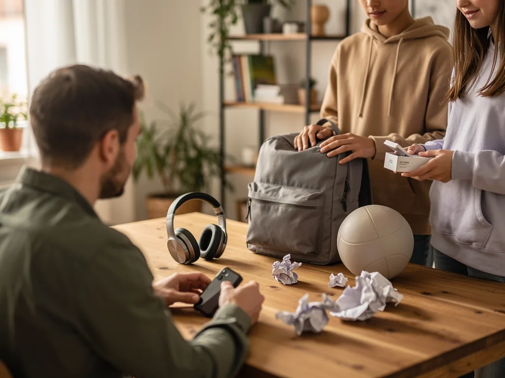 Vater spricht mit zwei Jugendlichen am Tisch über Rucksack, Kopfhörer, Ball und kleine Geschenkbox.