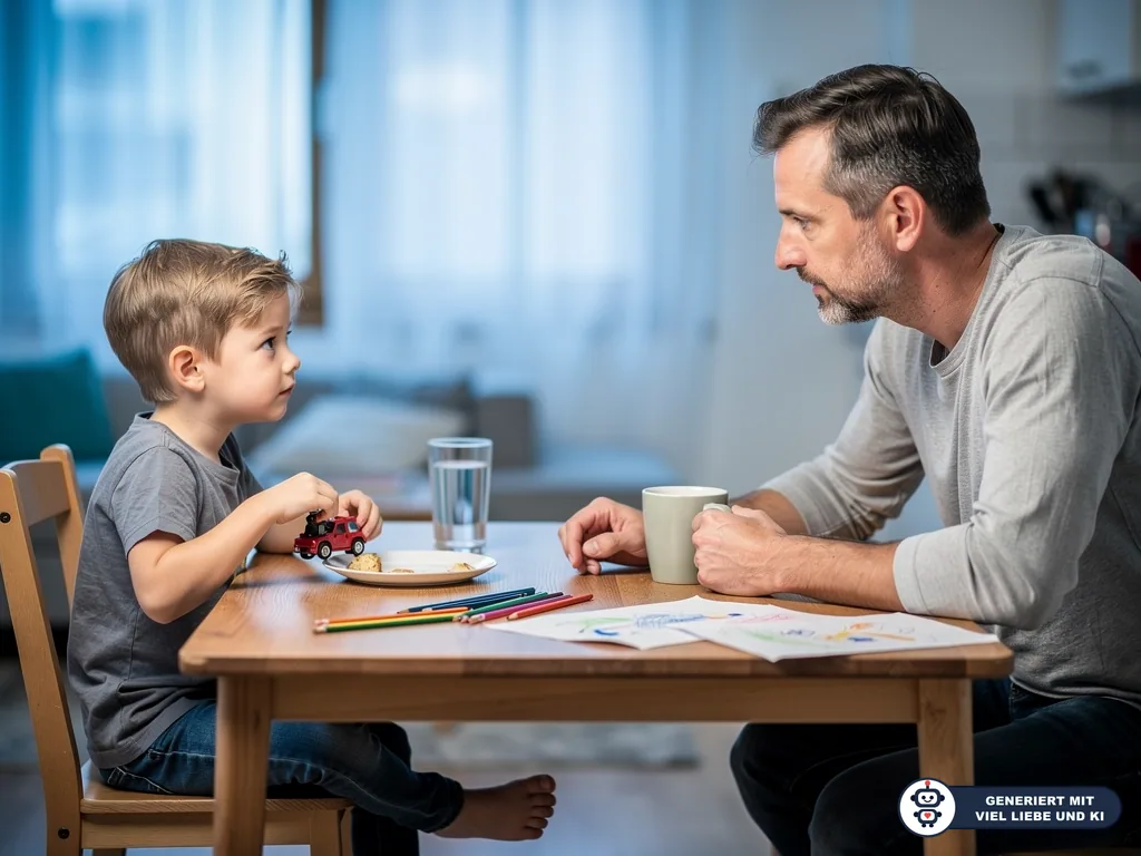 Vater spricht ruhig mit seinem Sohn am Tisch; Spielzeugauto, Stifte, Zeichnungen, Wasser und Tasse liegen bereit. (mit KI erstellt)