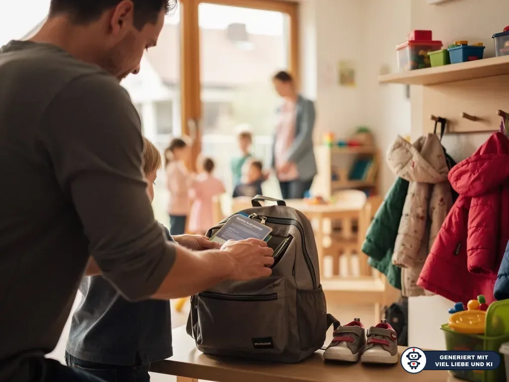 Vater steckt Unterlagen in Kita-Rucksack, Kind steht daneben; im Hintergrund spielen Kinder in der Betreuung. (mit KI erstellt)
