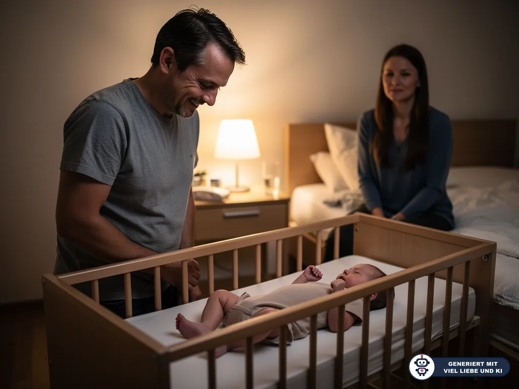 Vater steht am Babybett und schaut auf ein Baby, während die Mutter im Schlafzimmer auf dem Bett sitzt. (mit KI erstellt)