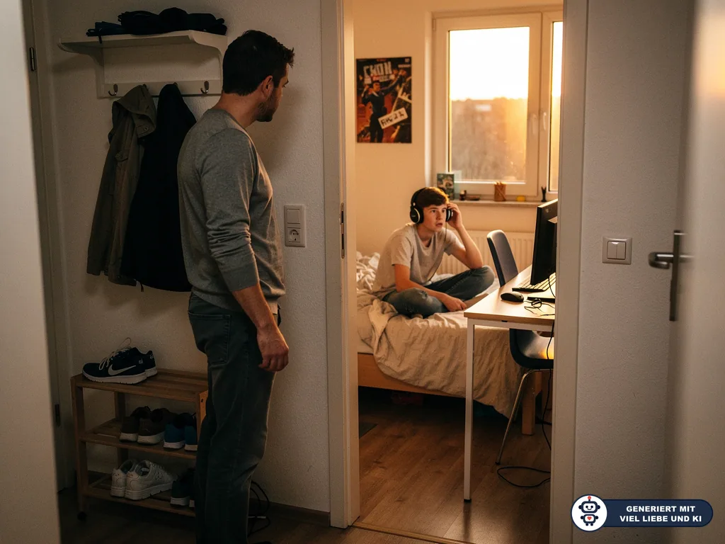 Vater steht in der Tür zum Jugendzimmer, während sein Sohn mit Kopfhörern auf dem Bett sitzt. (mit KI erstellt)