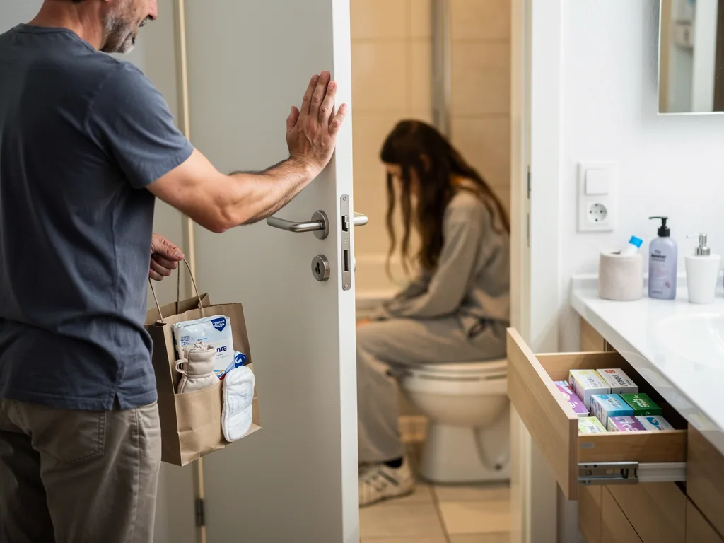 Vater steht mit Hygieneartikeln an der Badezimmertür, während seine Tochter unscharf auf der Toilette sitzt.