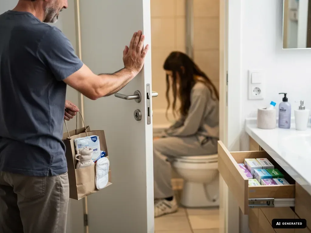 Vater steht mit Hygieneartikeln an der Badezimmertür, während seine Tochter unscharf auf der Toilette sitzt. (mit KI erstellt)