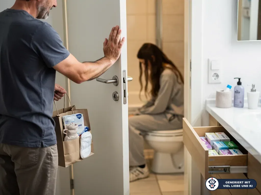 Vater steht mit Hygieneartikeln an der Badezimmertür, während seine Tochter unscharf auf der Toilette sitzt. (mit KI erstellt)