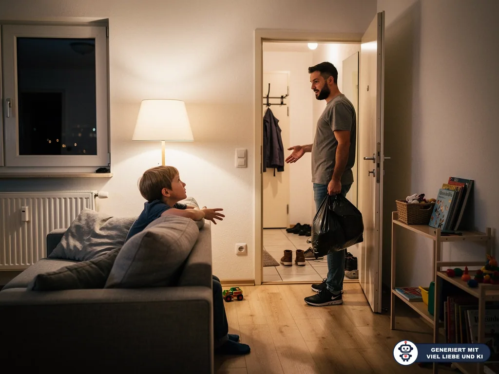 Vater steht mit Müllbeutel an der Wohnungstür und spricht mit seinem Kind auf dem Sofa im Wohnzimmer. (mit KI erstellt)