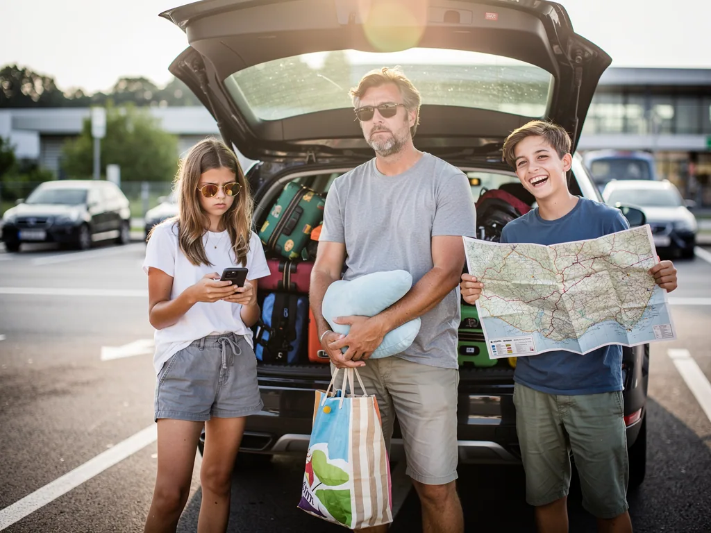 Vater steht mit zwei Teenagern vor voll beladenem Auto; Tochter schaut aufs Handy, Sohn hält lachend eine Straßenkarte.