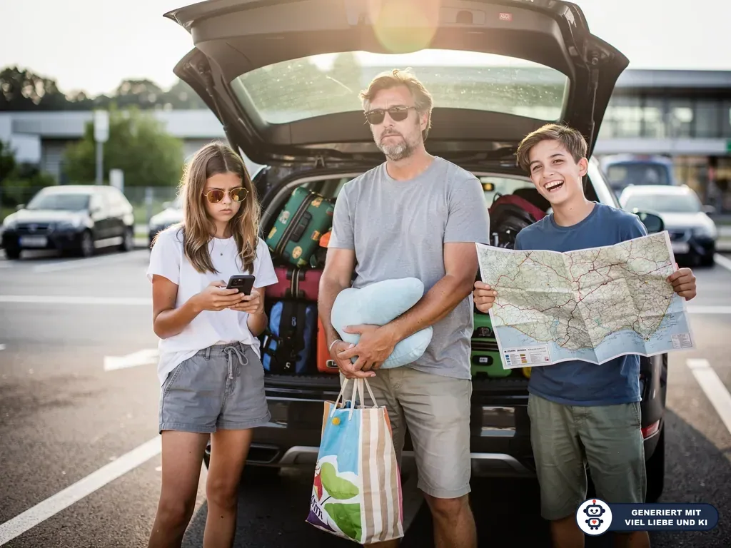 Vater steht mit zwei Teenagern vor voll beladenem Auto; Tochter schaut aufs Handy, Sohn hält lachend eine Straßenkarte. (mit KI erstellt)