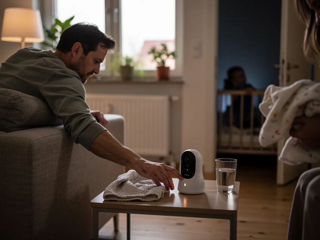 Vater stellt ein Kamera-Babyphone auf dem Couchtisch ein, im Hintergrund steht ein Babybett im abgedunkelten Zimmer.