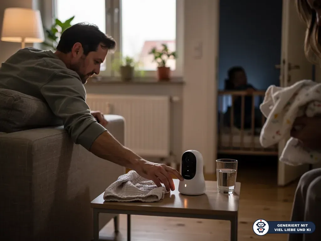 Vater stellt ein Kamera-Babyphone auf dem Couchtisch ein, im Hintergrund steht ein Babybett im abgedunkelten Zimmer. (mit KI erstellt)