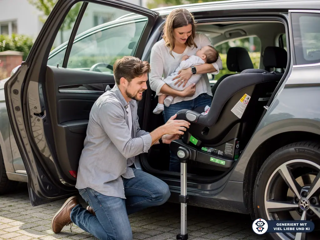 Vater stellt eine Babyschale auf Isofix-Base im Auto ein, Mutter hält Baby an der offenen Hintertür. (mit KI erstellt)
