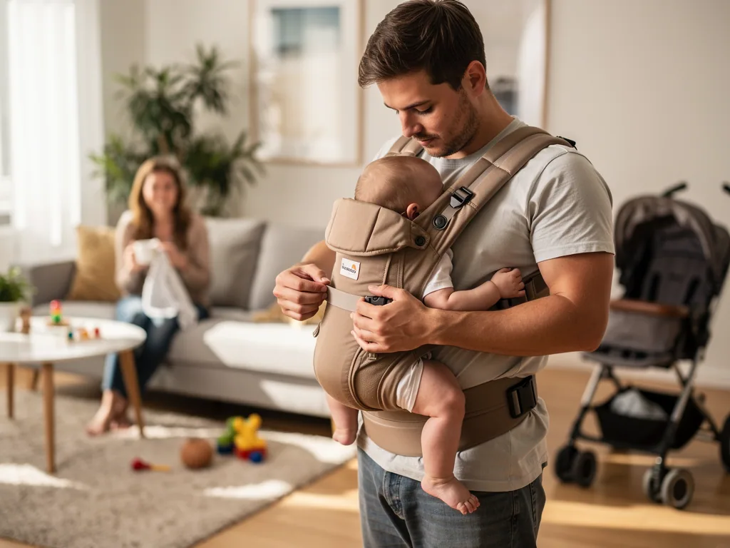 Vater stellt im Wohnzimmer eine beige Sandiia Babytrage mit Baby vor der Brust ein.